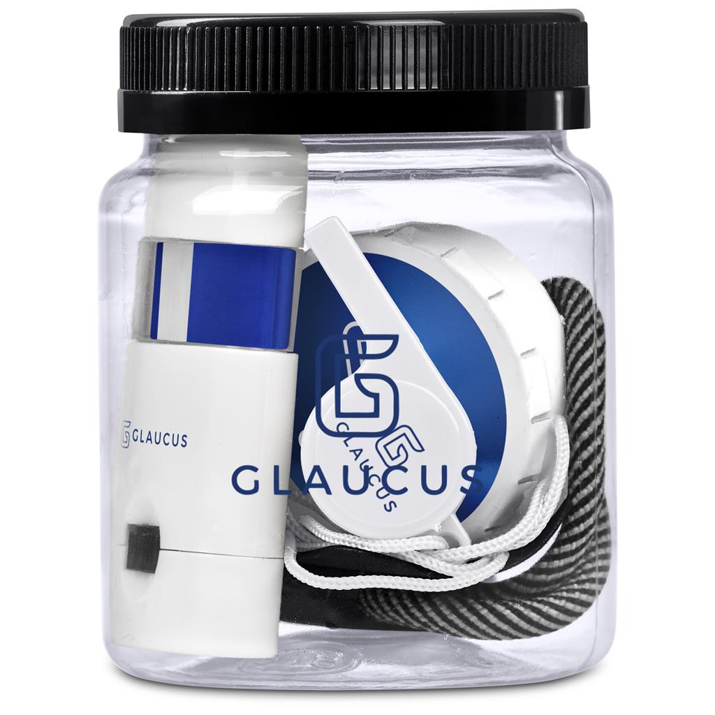 Clear jar with black lid containing white and blue products labeled 'Glaucus' on a white background


