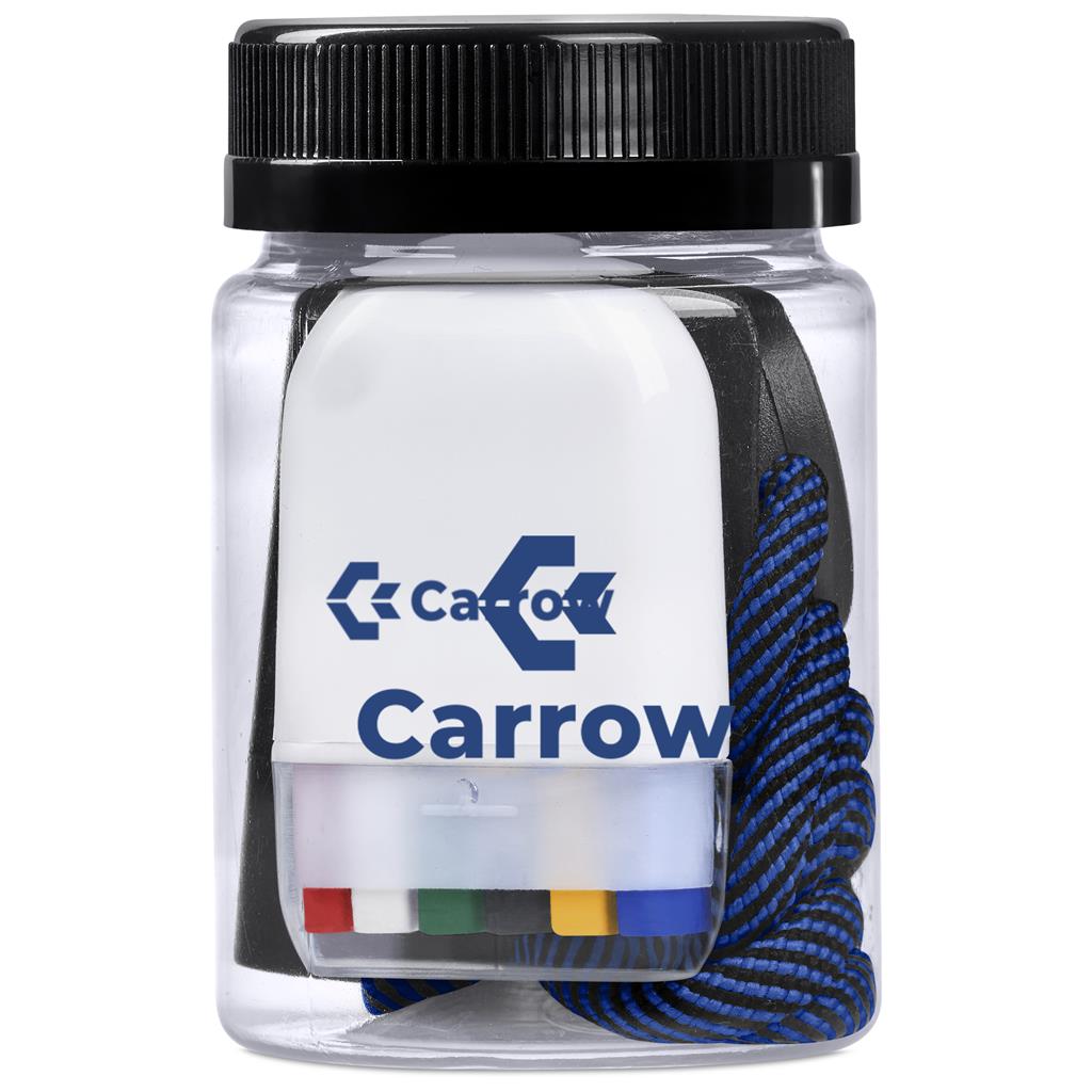 Clear container with black lid containing colorful items, branded 'Carrow'.

