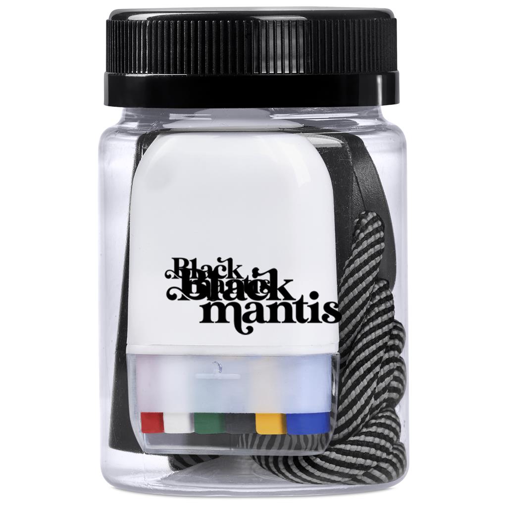 Clear container with black lid containing colorful hair ties and a black and white striped hair tie, branded 'Black Mantis'.

