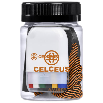Clear container with black lid containing colorful items and a visible 'CELCEUS' logo.

