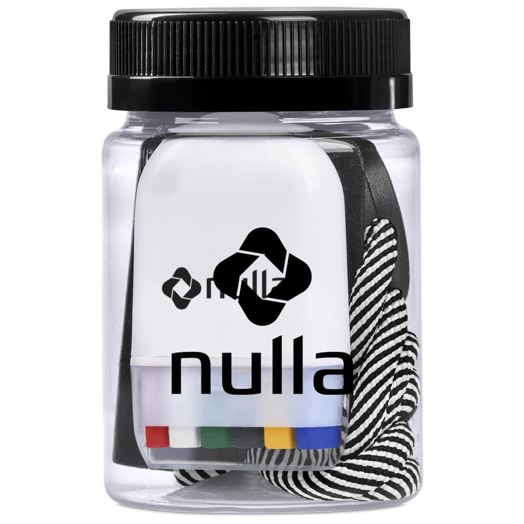 Clear container with black lid holding various hair ties, branded 'nulla'.

