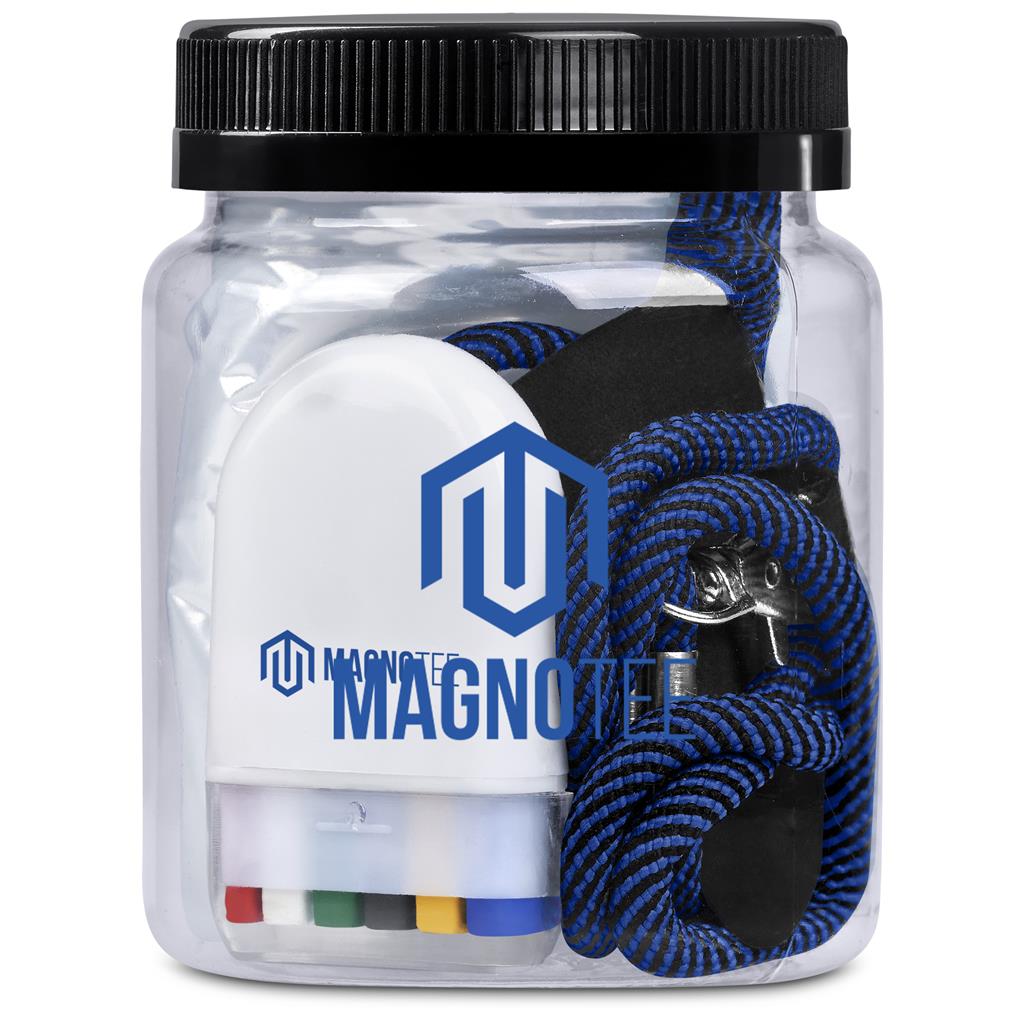 Clear container with blue rope and white device labeled 'MagneTie' on a white background

