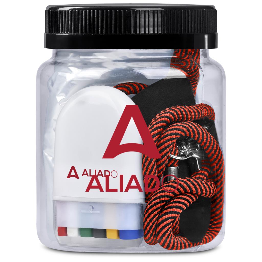 Clear container with Aliado branding containing various items including a red and black rope.

