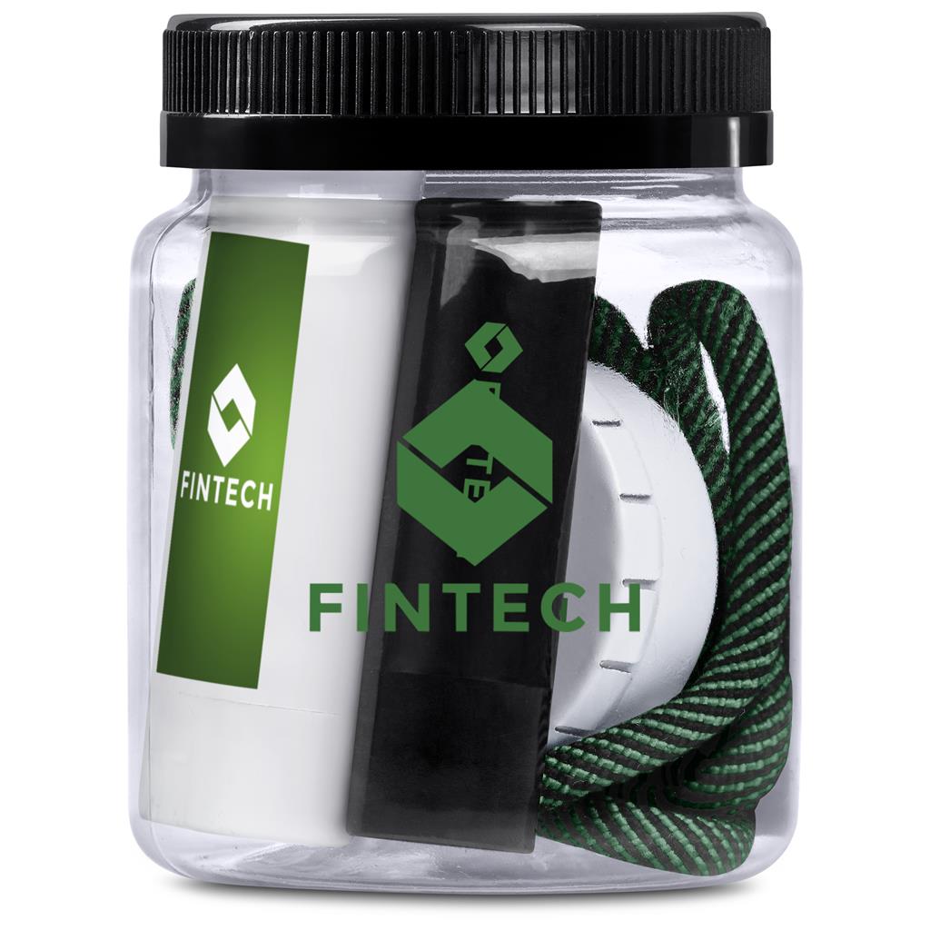 Clear container with black lid containing green and white items, branded 'Fintech'.

