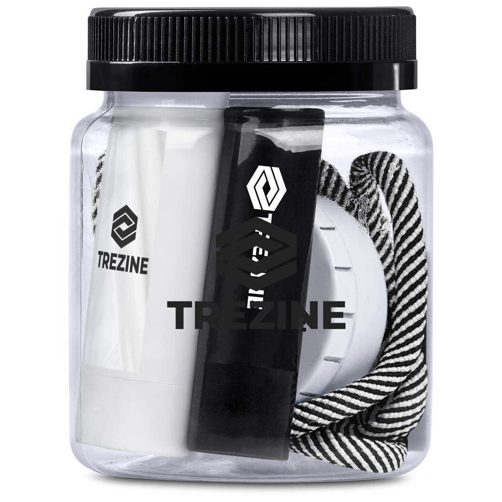 Clear container with hair ties and accessories branded 'Trezine' on a white background

