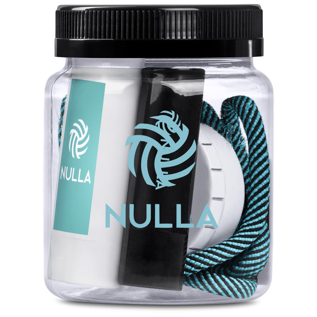 Clear container with black lid containing hair ties branded 'NULLA' on a white background

