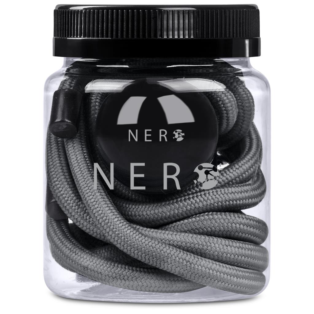 Black and gray ball with 'NER' branding in a clear jar on a white background

