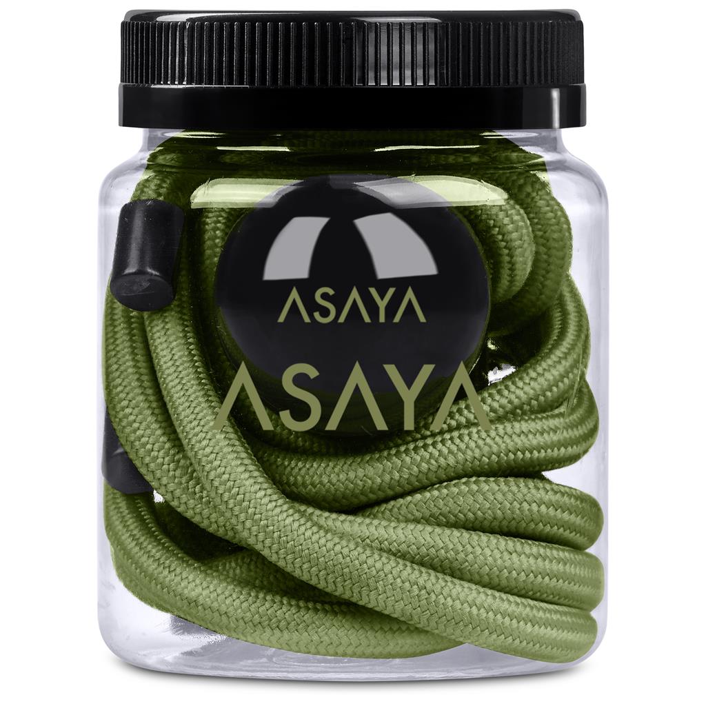 Green rope in a clear jar with black lid and 'ASAYA' branding.

