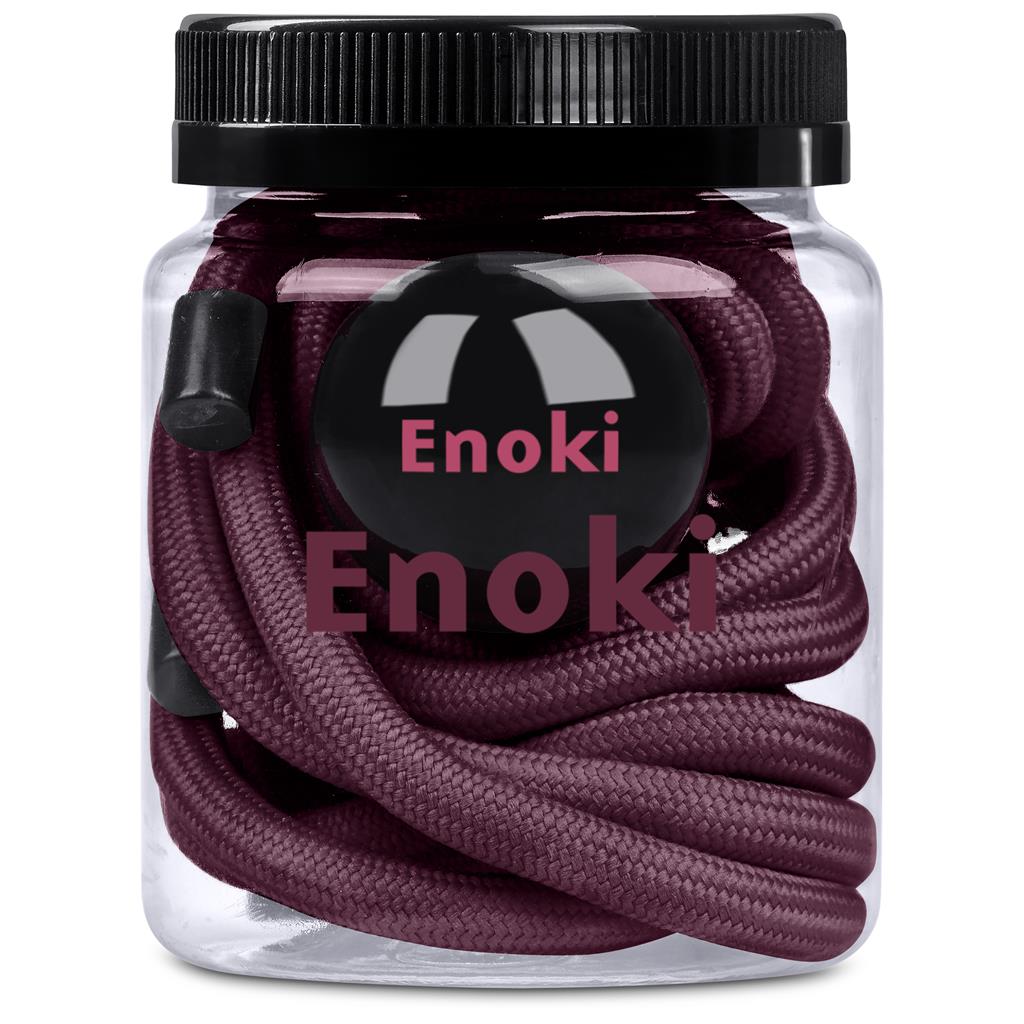 Jar of purple hair ties with 'Enoki' branding on a white background

