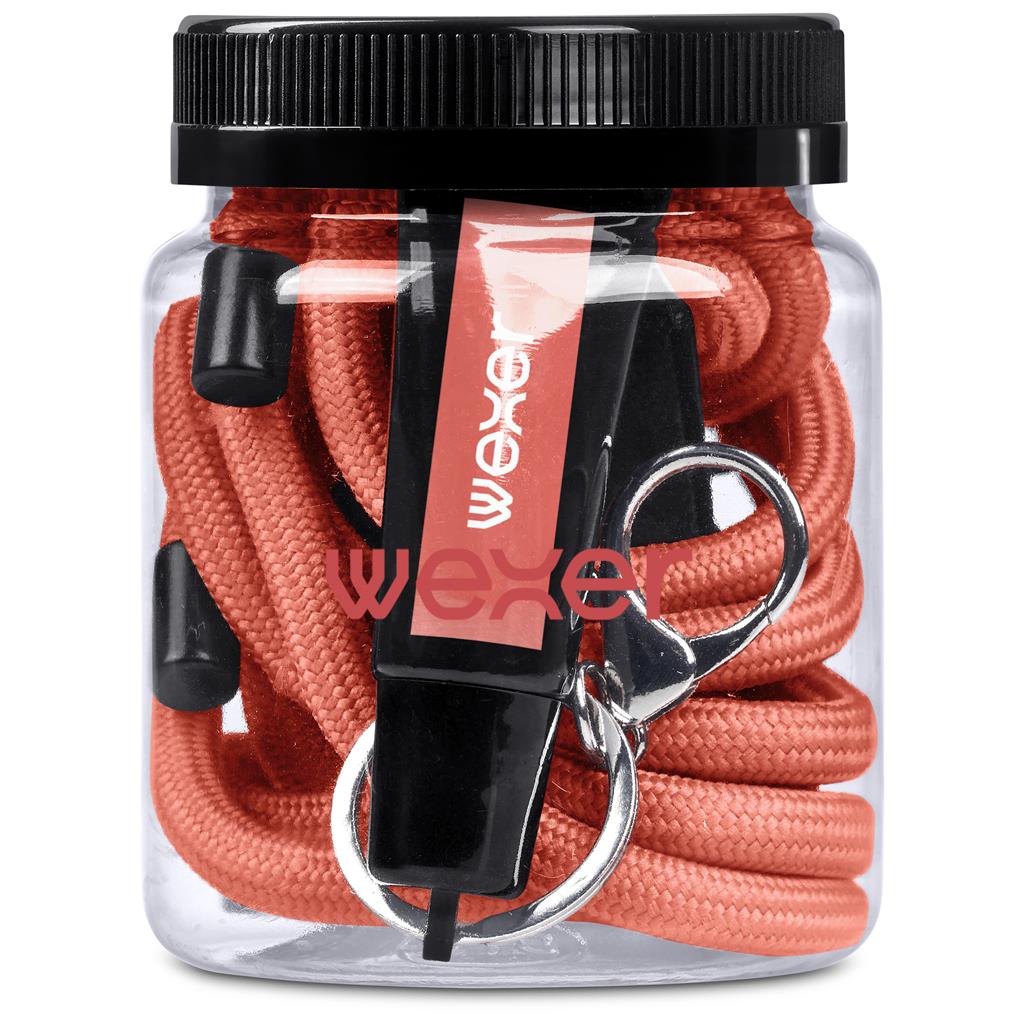 Clear container with orange lanyards and black clips, featuring Wexel branding.

