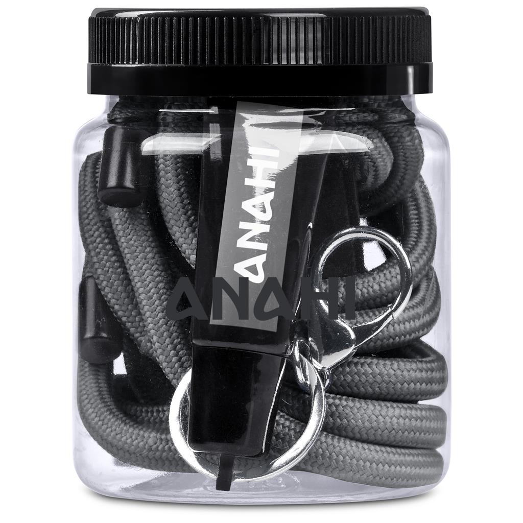 Clear jar with gray lanyards and black keychains labeled 'ANAHITA' on a white background

