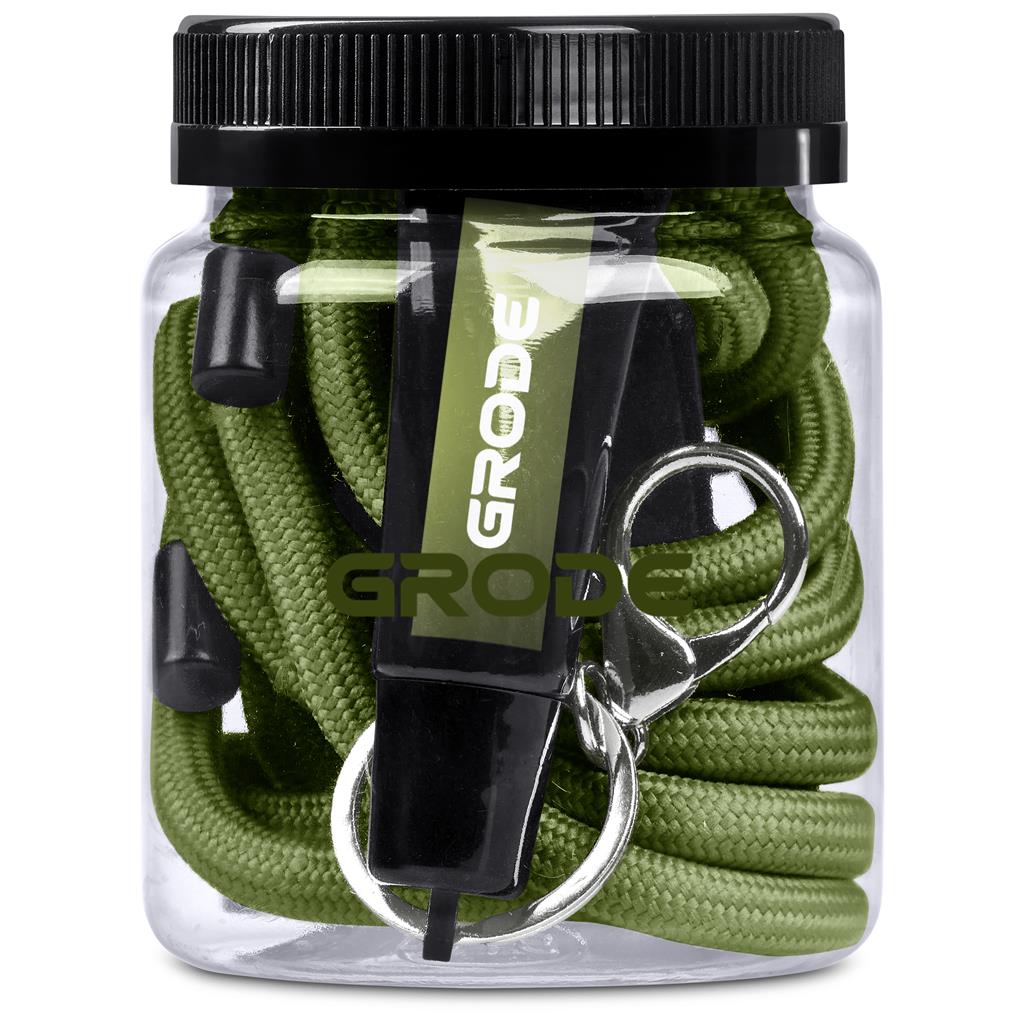 Green rope with carabiner in a clear jar labeled 'GRODE' on a white background

