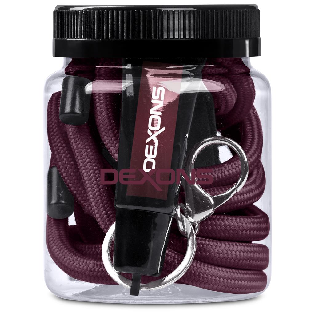 Jar of purple lanyards with a keychain and whistle, branded 'Dexona', on a white background.

