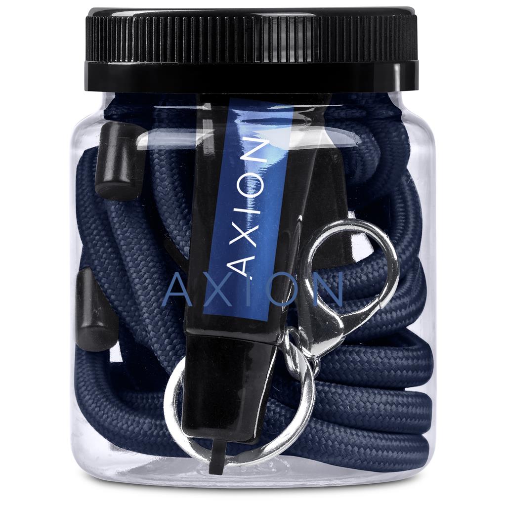 Clear jar with navy blue braided cord and black keychain holder, branded 'Axion'.

