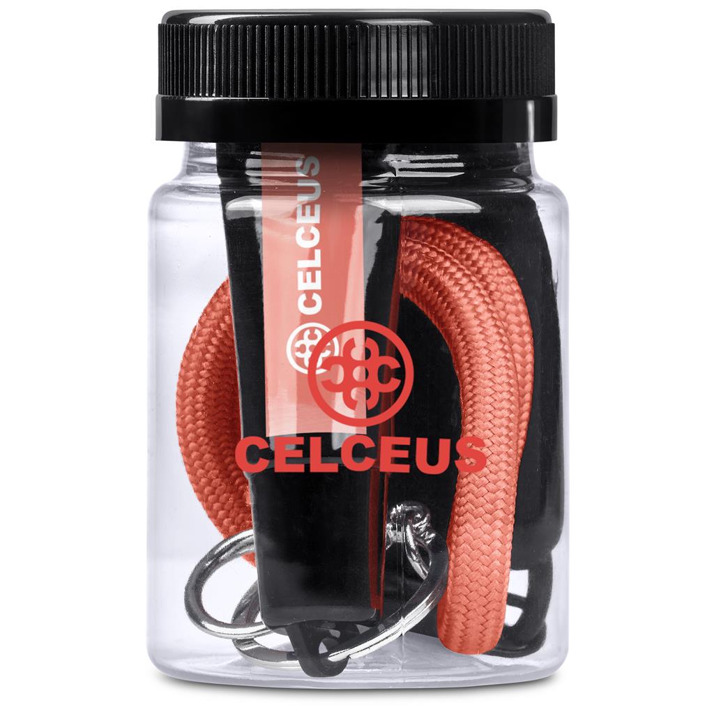 Clear container with orange lanyard and black keychain, branded 'CELCEUS', on a white background

