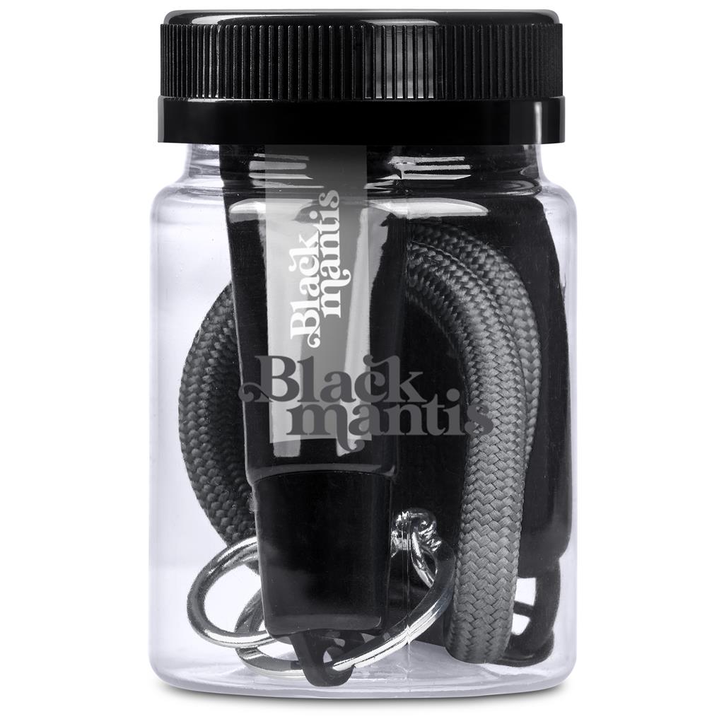 Clear container with black lid holding a keychain and lanyard, branded 'Black Mantle'.

