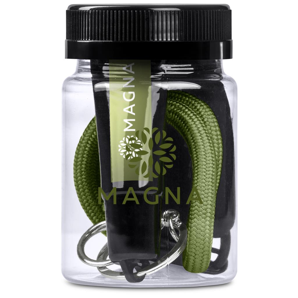 Clear container with green lanyard and black keychain holder, branded 'Magna'.


