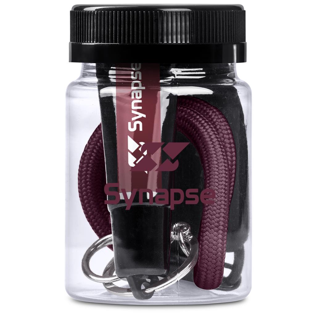Clear container with purple lanyard and black clip labeled 'Synapse' on a white background

