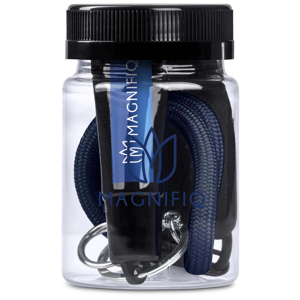 Clear container with black lid holding blue and black dog leashes, branded 'MAGNIFICO'.

