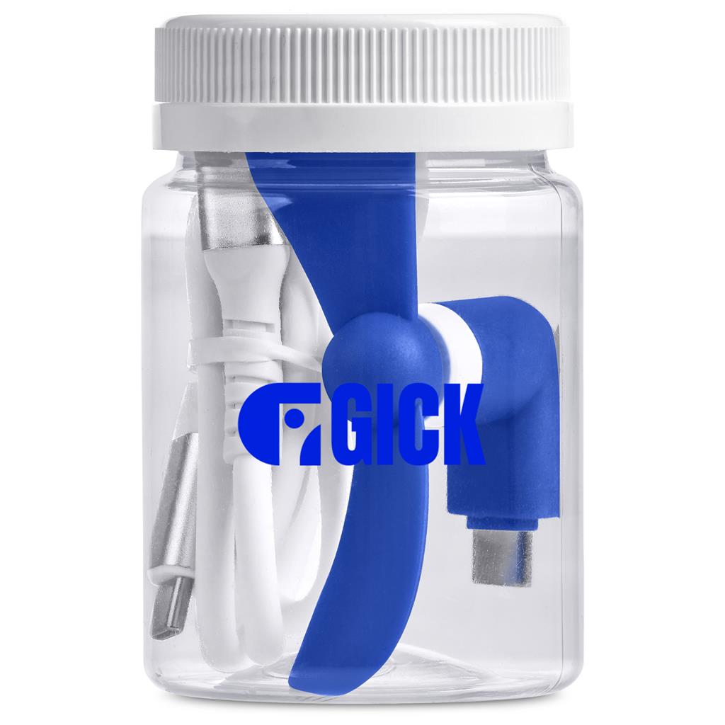 Clear container with blue and white device, 'GICK' logo visible, on white background

