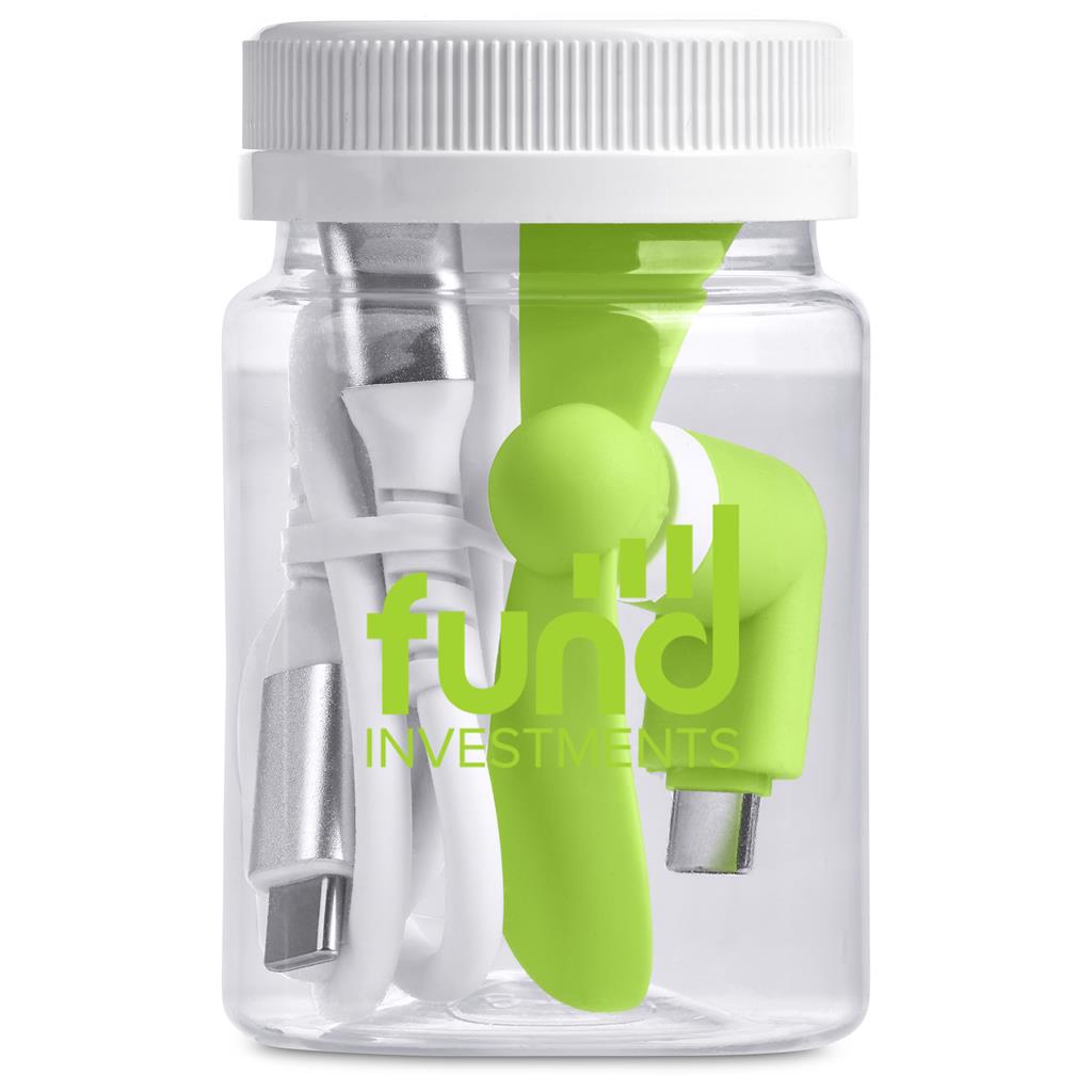 Clear container with white and green tools, branded 'fundo investments', on a white background

