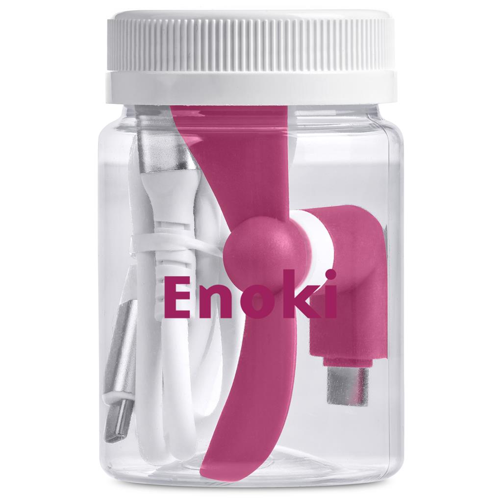 Clear container with pink and silver device, branded 'Enoki', on a white background