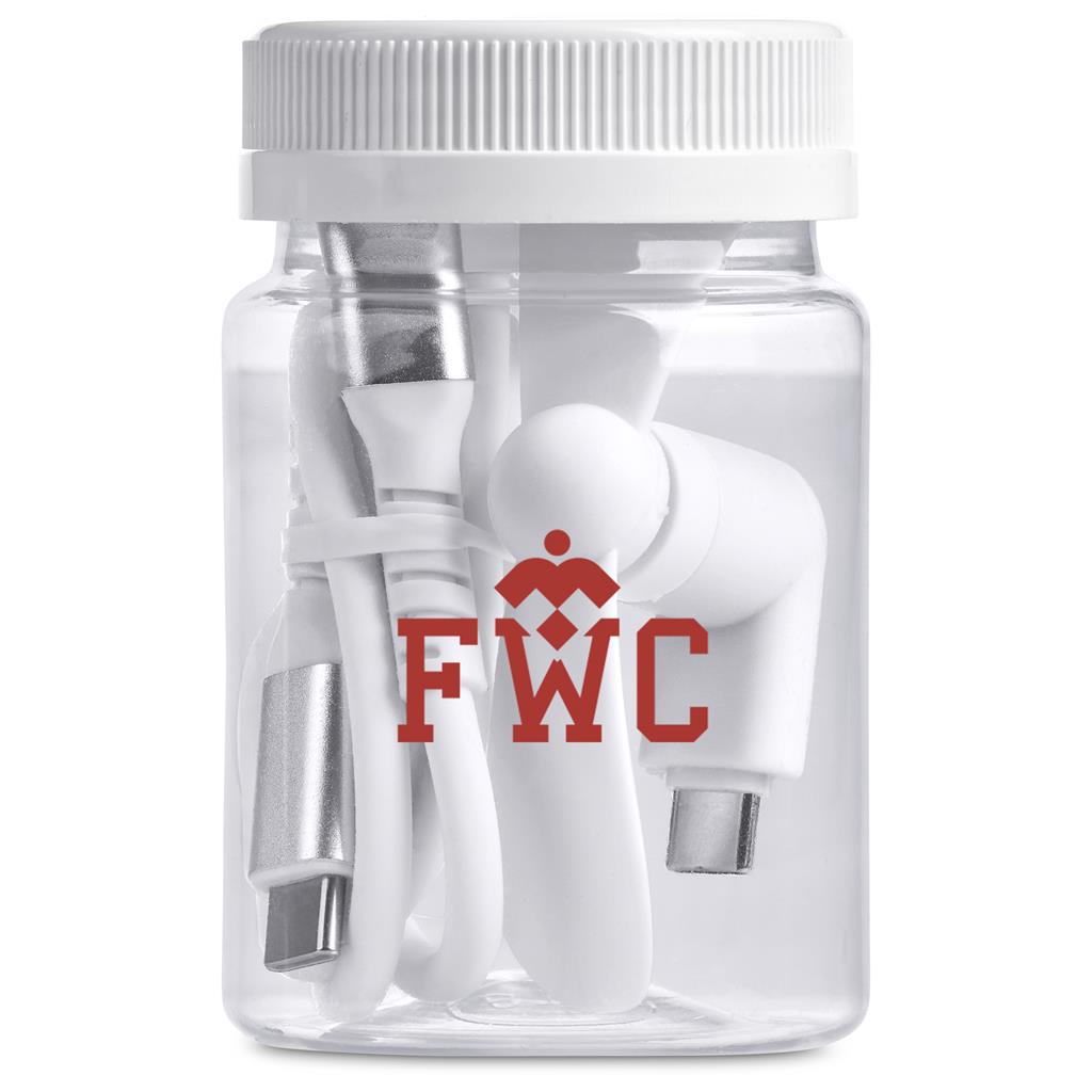 White earbuds with a clear container labeled 'FWC' on a white background

