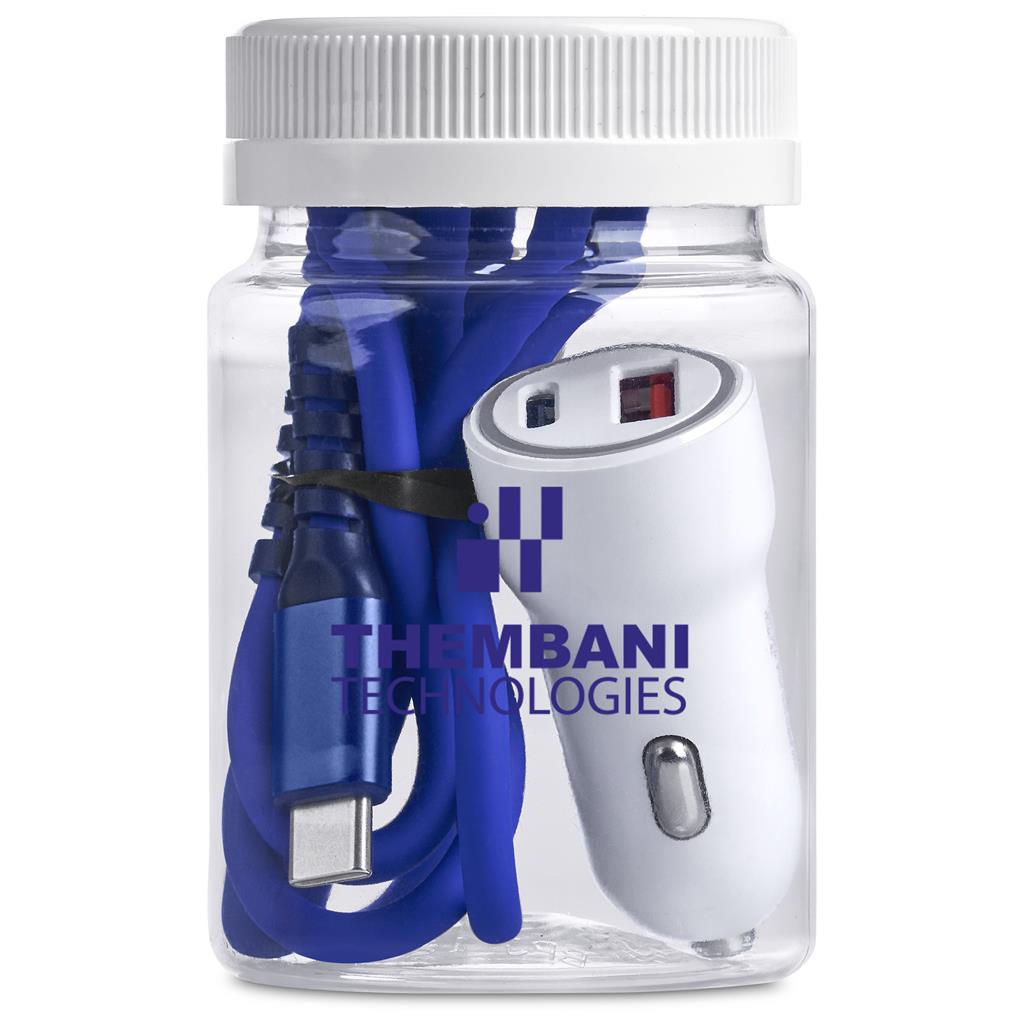 Clear jar with blue cable and white adapter, branded 'Thimbani Technologies'.

