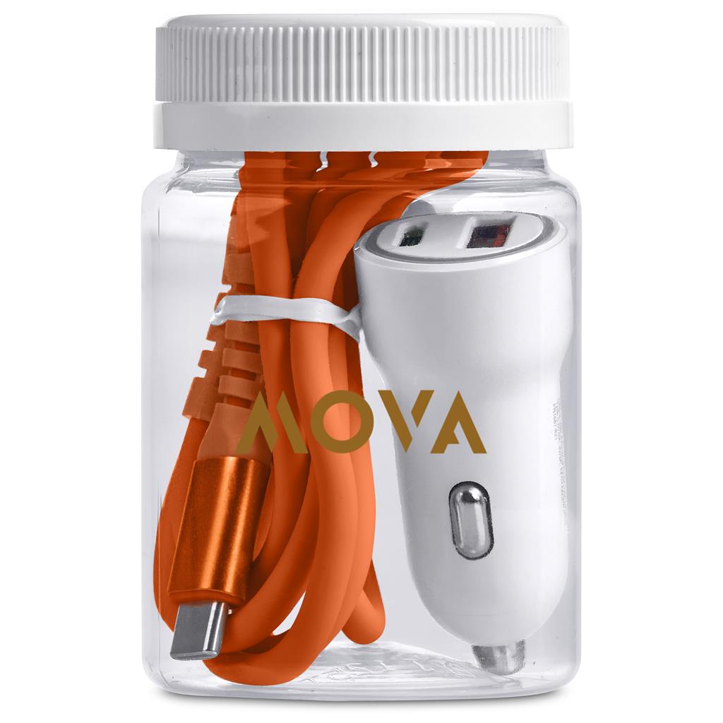 Orange cable and silver adapter in a clear jar with 'NOVA' branding on a white background

