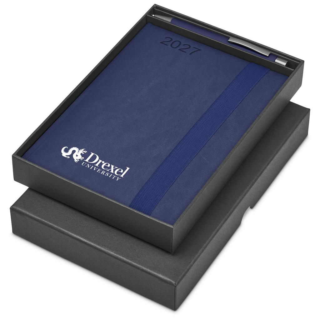 A 2027 desk calendar by Drexel University, shown open in its black presentation box. The calendar cover is a deep navy blue with a vertical textured stripe and features the white 'Drexel University' logo and '2027' printed on the top.

