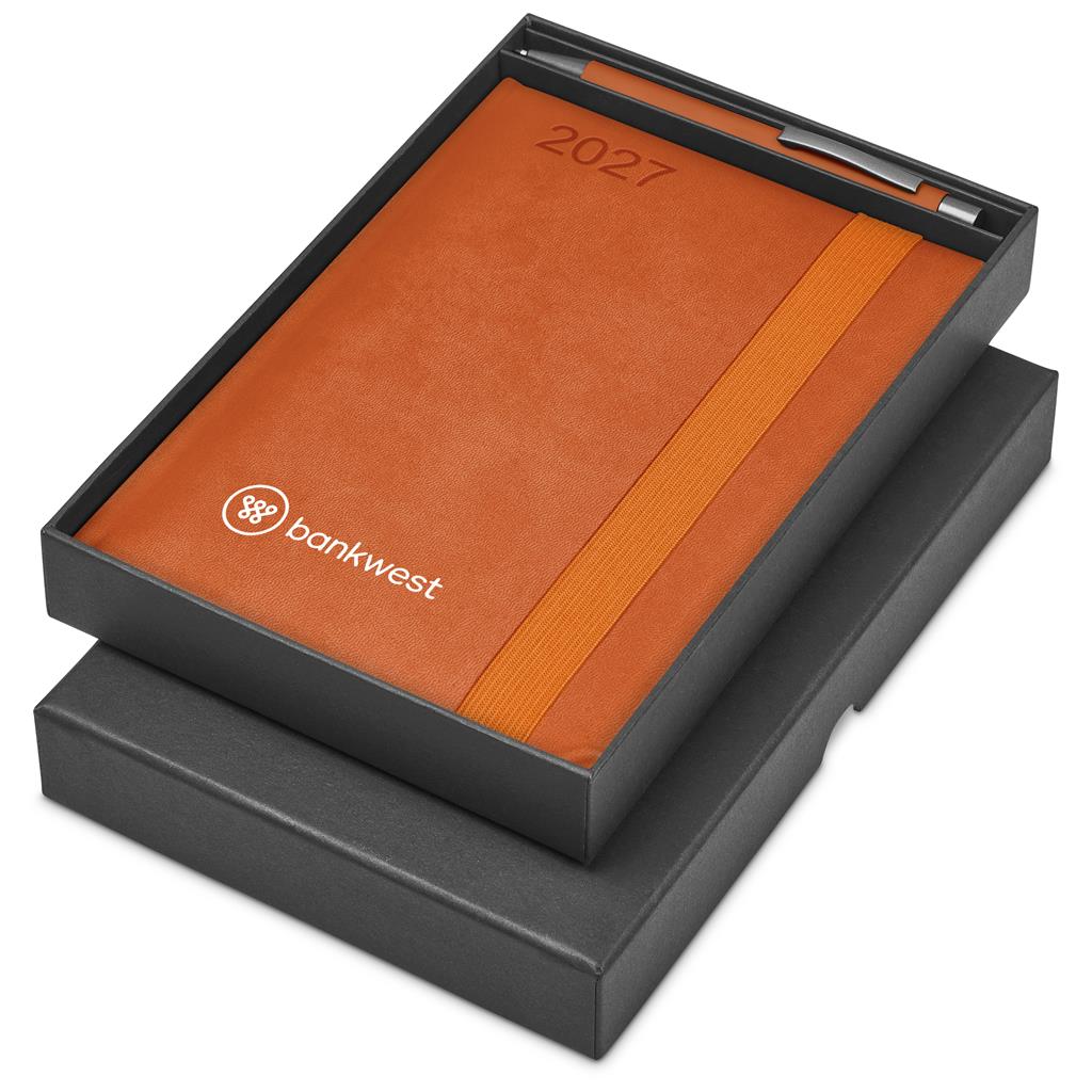 A 2027 Bankwest leather-bound notebook in an open black presentation box, with a pen in the top slot and the Bankwest logo printed on the cover.

