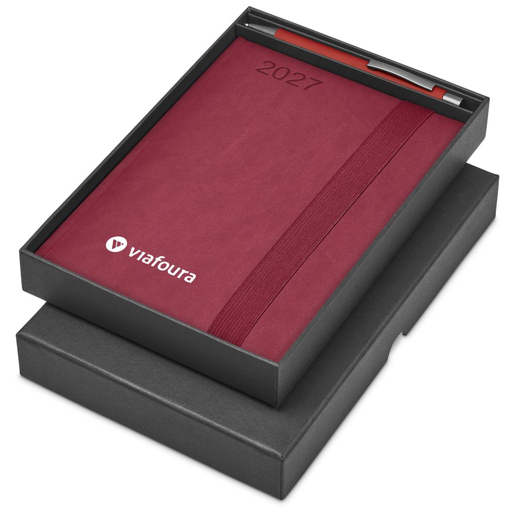 A 2027 daily planner by Viafoura in deep burgundy, presented in a black gift box with a matching pen, on a white background.

