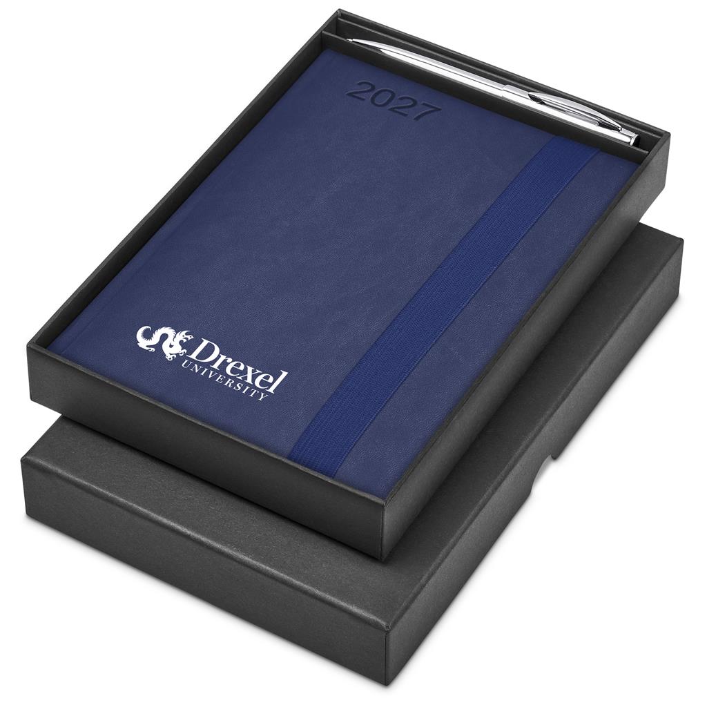 A 2027 pocket calendar by Drexel University in navy blue with a silver pen, presented in a black gift box on a white background.

