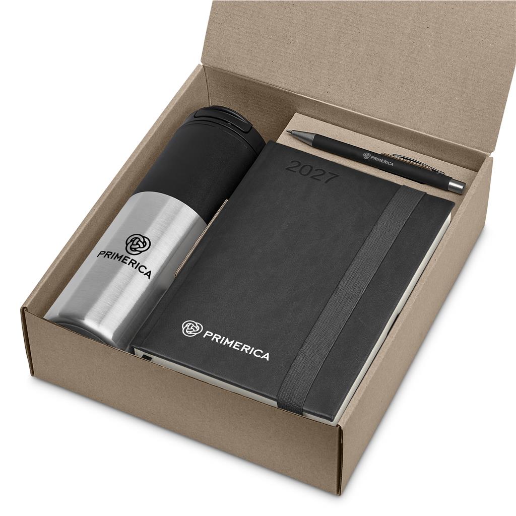 A branded PRIMERICA gift set in an open kraft cardboard box, including a stainless steel and black insulated tumbler, a black 2027 planner, and a black pen.

