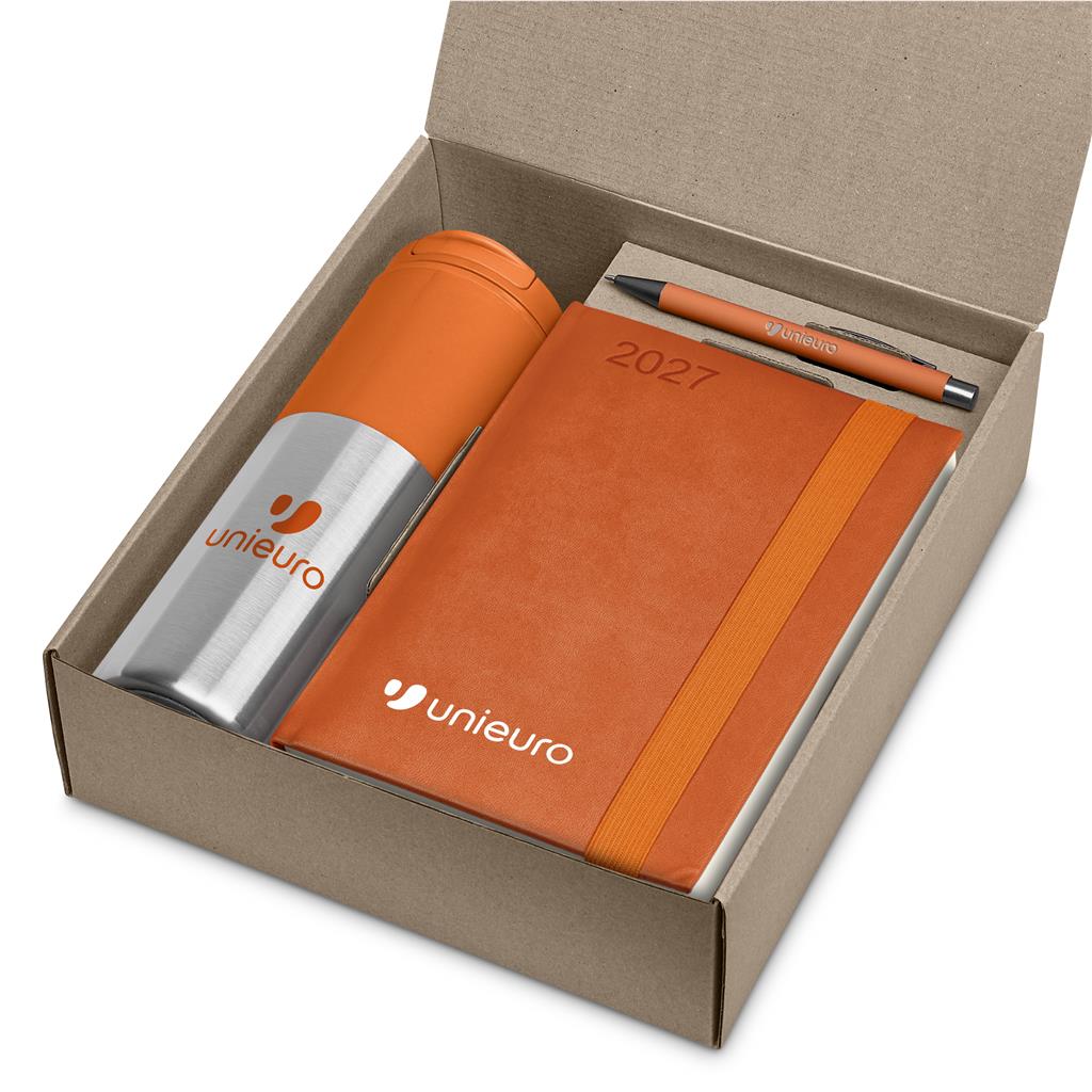 A Unieuro branded gift set in an open brown cardboard box, featuring an orange and silver insulated bottle, an orange 2027 pocket calendar, and an orange pen.

