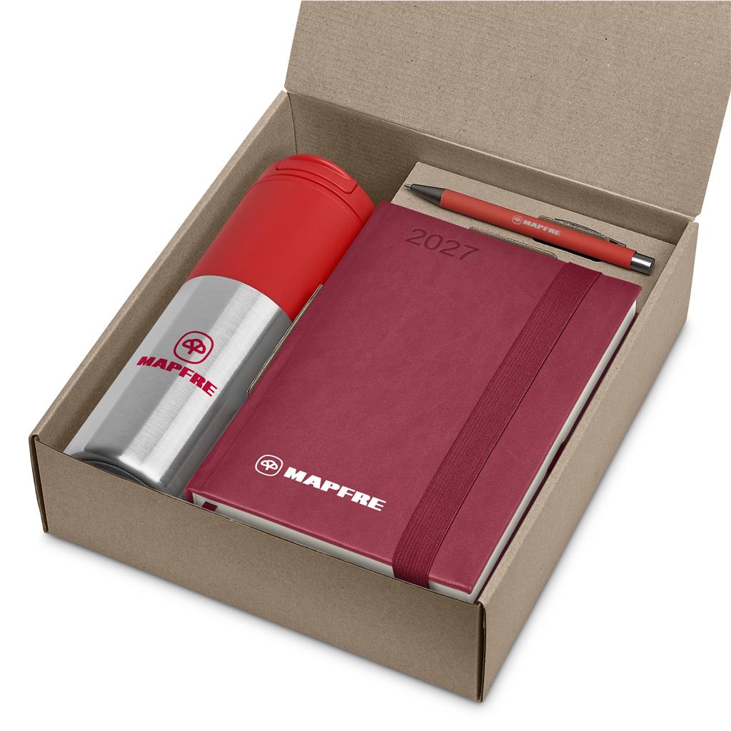 A gift set in an open kraft cardboard box containing a red and silver Mapfire insulated bottle, a burgundy 2027 planner, and a red pen.

