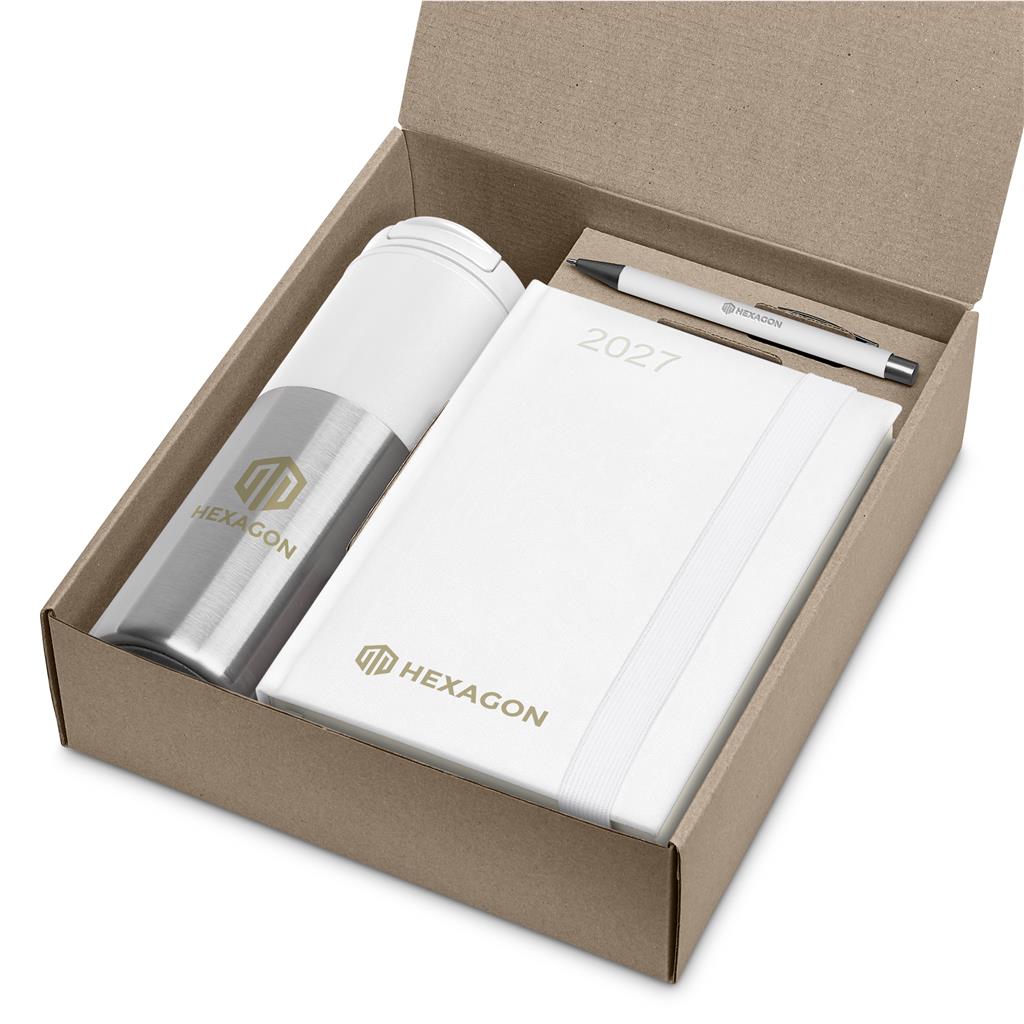 A gift set in a brown kraft box featuring a white and silver Hexagon-branded insulated bottle, a white 2027 notebook, and a white pen.


