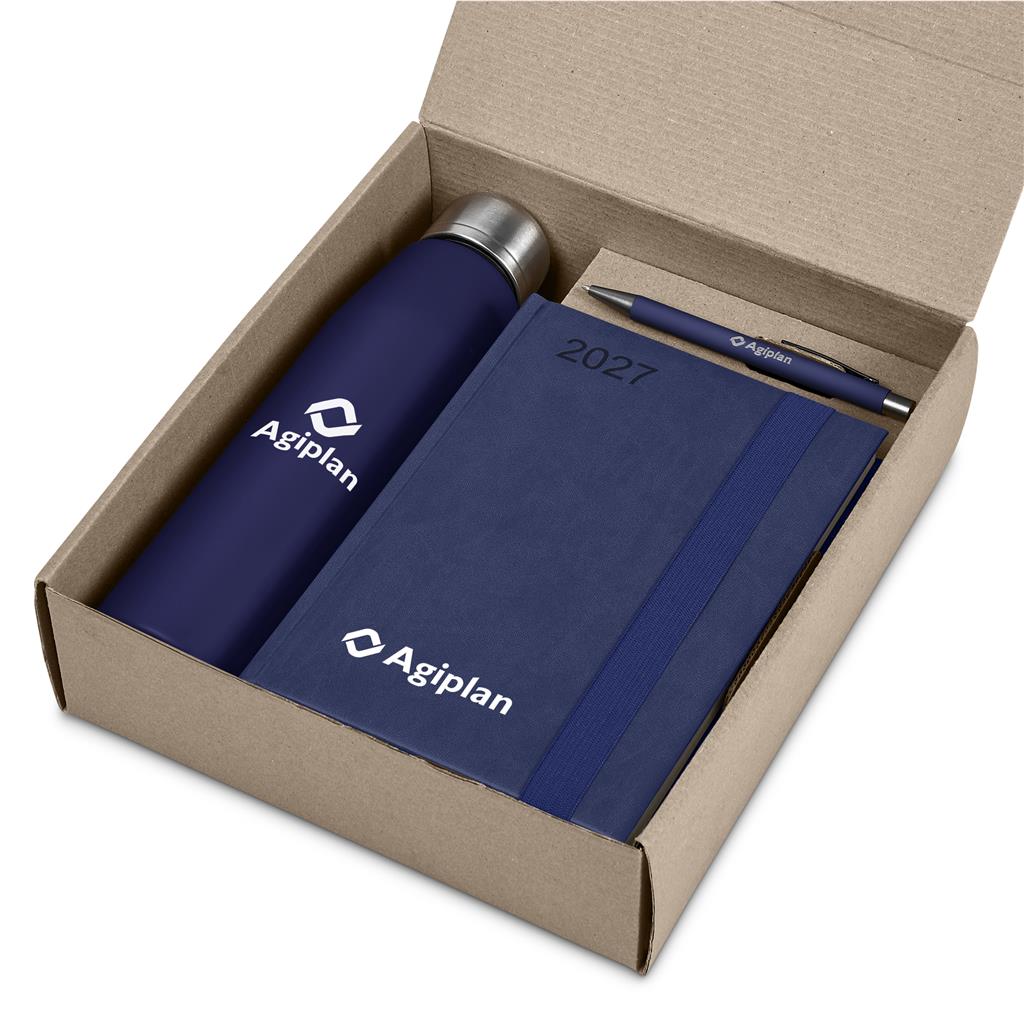 A branded gift set in an open kraft box, including a navy blue insulated bottle, a matching navy notebook with a pen, and a small 2027 calendar, all printed with the Agiplan logo.

