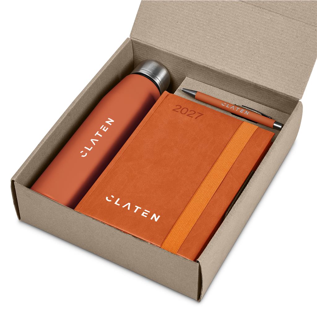 A slate orange gift set in a brown kraft paper box, featuring a stainless steel water bottle, a 2027 desk calendar, a pen, and a slim notebook, all branded with SLATEN.

