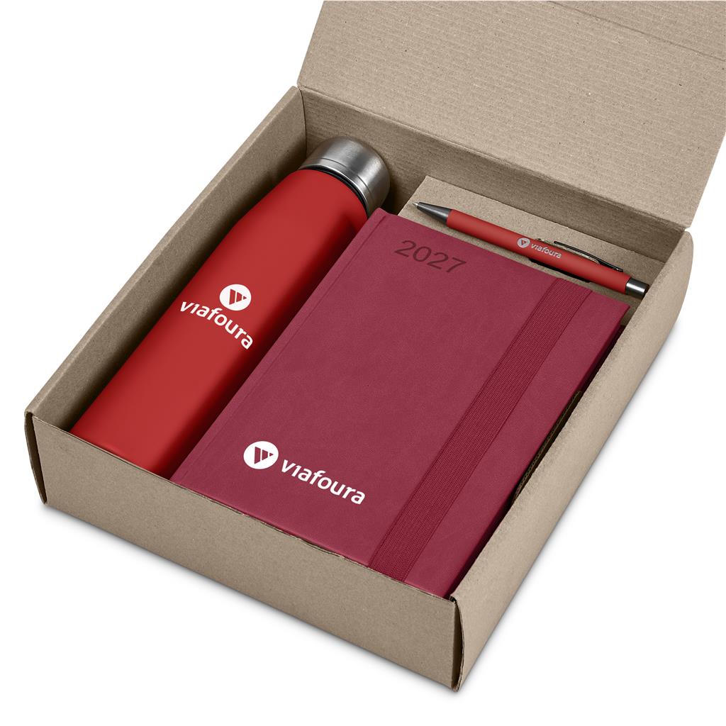 A gift set in a brown cardboard box containing a red insulated bottle, a red 2027 planner, and a red pen, all branded with the 'viafoura' logo, on a white background.

