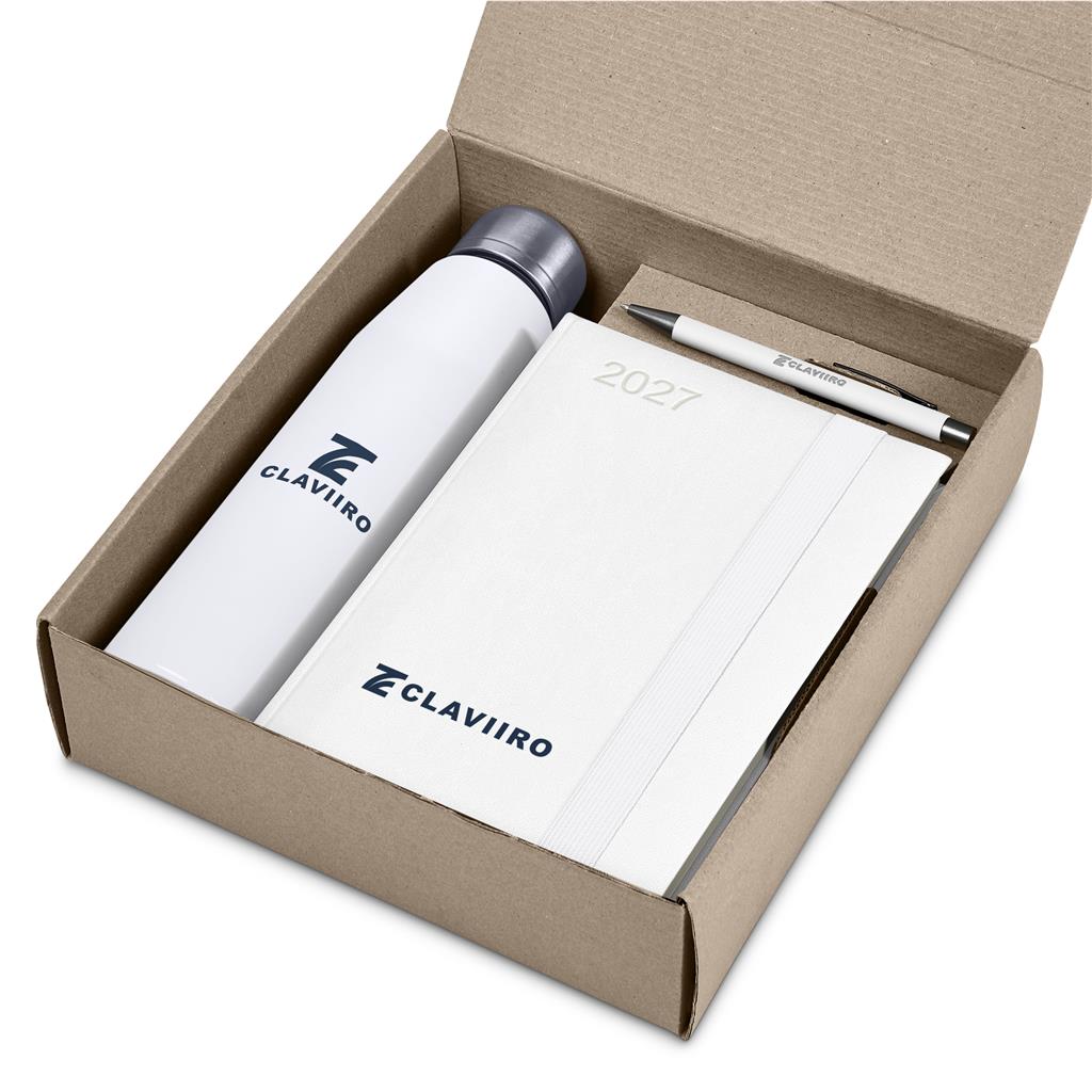 A branded gift set in an open kraft cardboard box, featuring a white insulated bottle with a silver cap, a white 2027 notebook, and a white pen. The items are printed with the Claviro brand name and logo.


