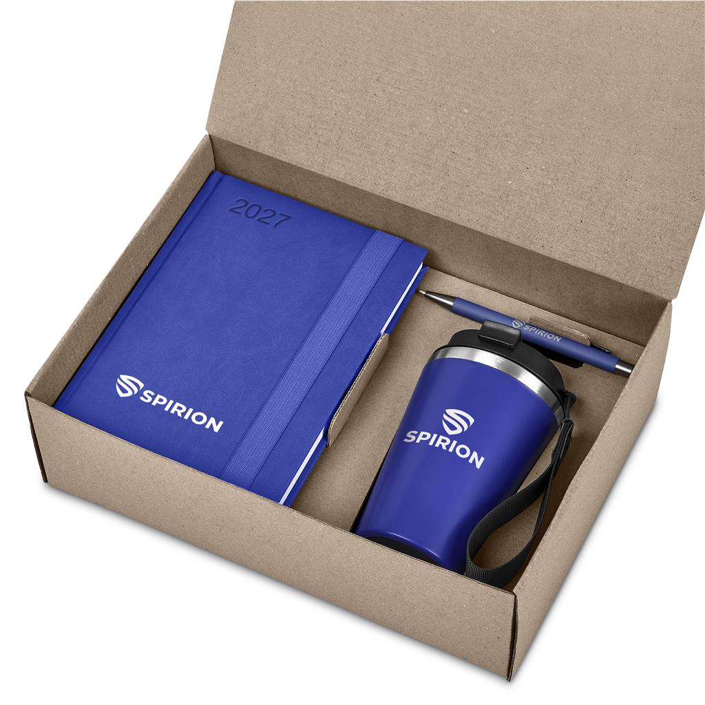 A gift set in an open brown cardboard box featuring a blue 2027 spiral notebook, a matching blue travel tumbler with a black lid and wrist strap, and a blue pen. The items are branded with the white Spirion logo.


