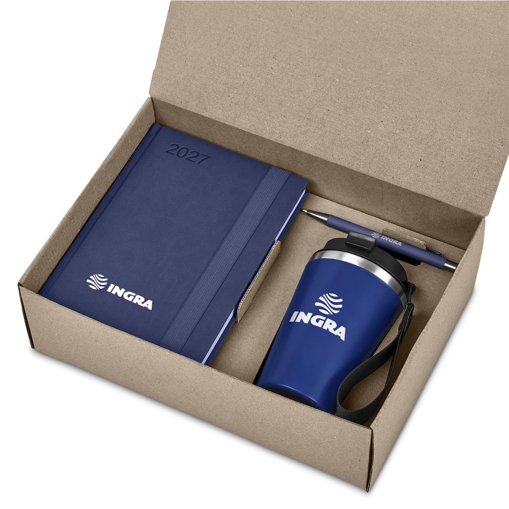 A boxed gift set containing a navy blue 2027 planner, a matching navy blue travel tumbler with a black lid and wrist strap, and a blue pen, all arranged inside an open brown cardboard box on a white background. The planner and tumbler display the white INGRA logo.

