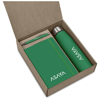 Green notebook and water bottle set with 'VAVSV' branding in a cardboard box.

