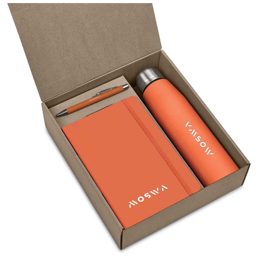 Orange notebook and water bottle set with pen in a cardboard box on a white background

