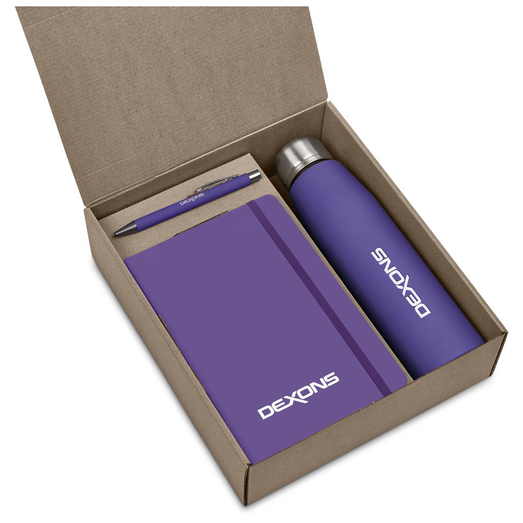 Purple notebook and water bottle set with pen in a cardboard box, featuring the brand 'Dexons'.

