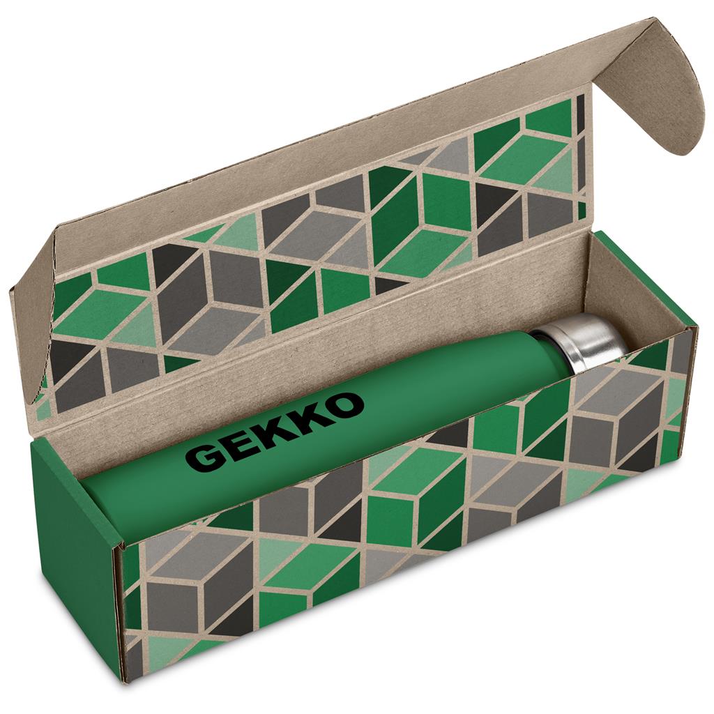 Green pen with 'Gekko' branding in a geometric-patterned box


