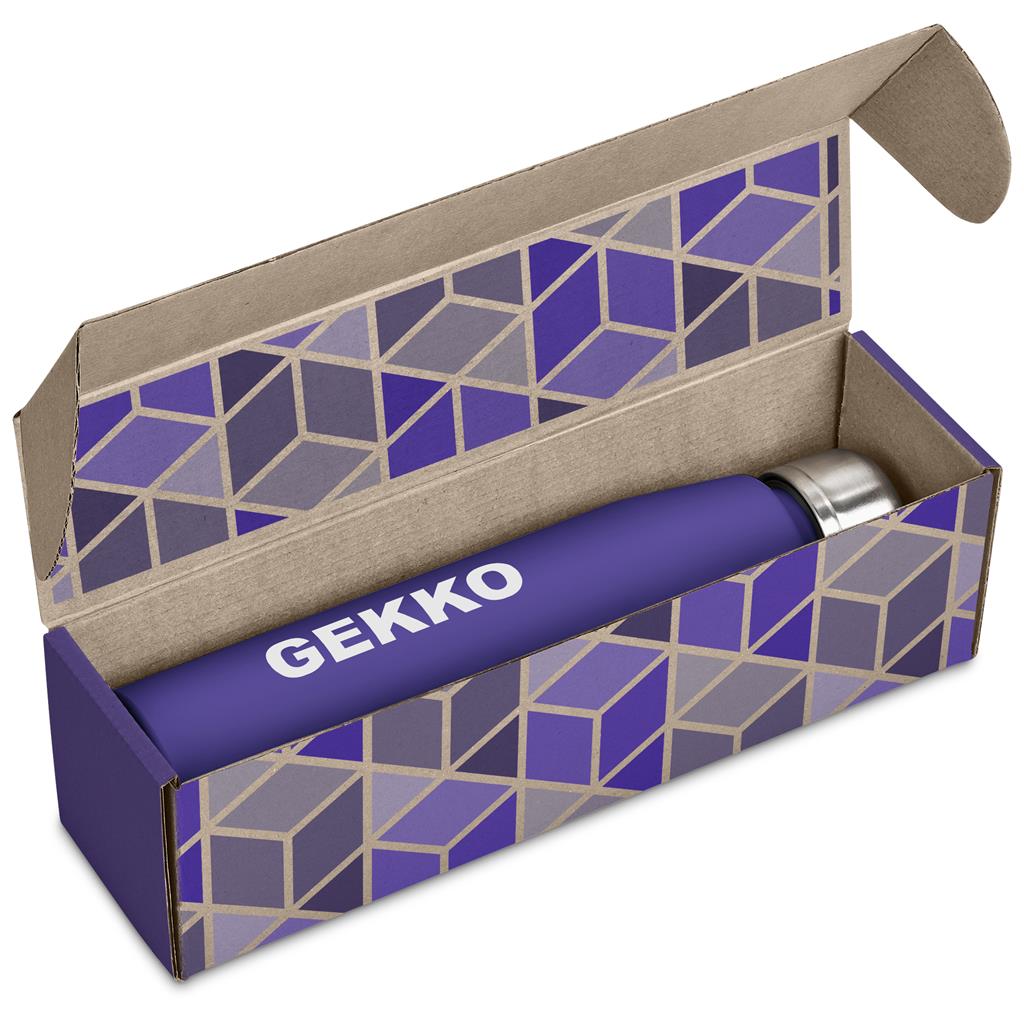 Purple GEKKO product in a geometric-patterned box

