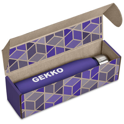 Purple GEKKO product in a geometric-patterned box

