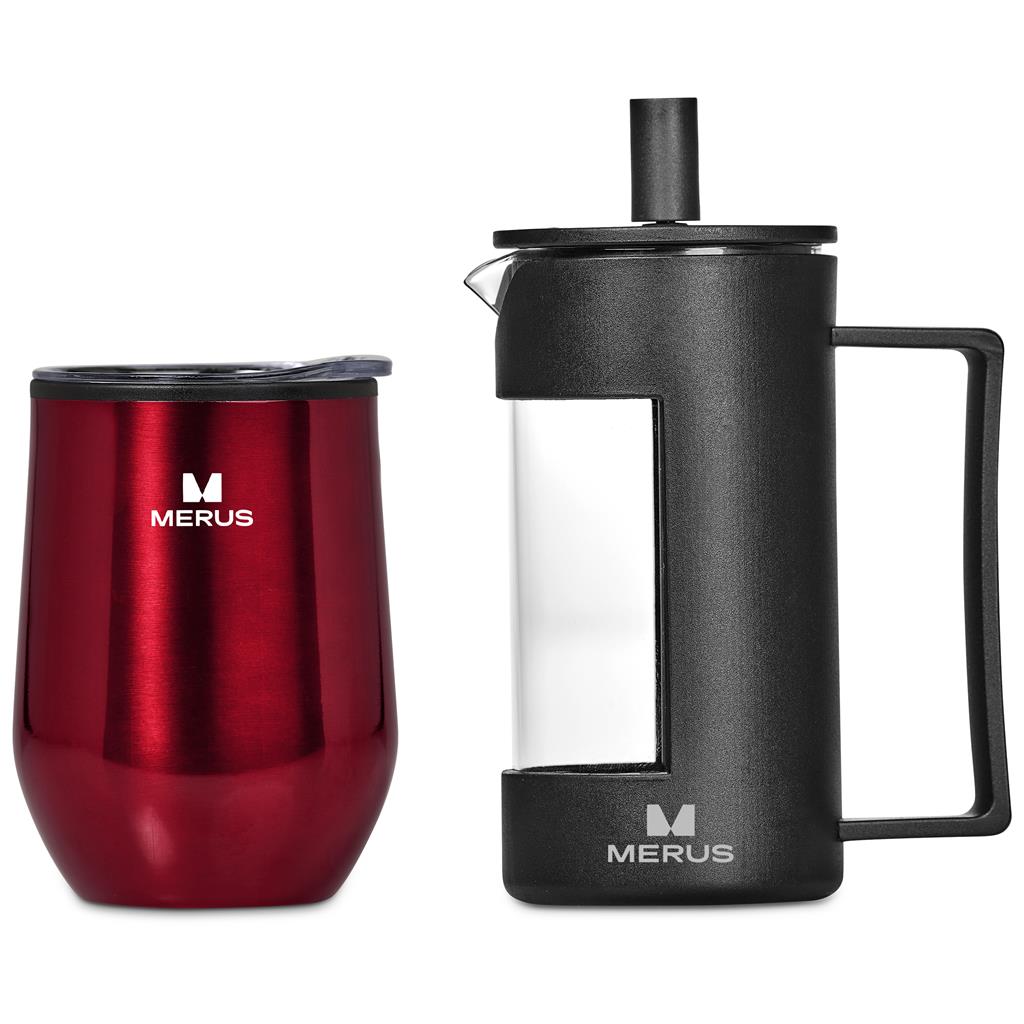 Red thermos and black French press with 'MERUS' branding on a white background

